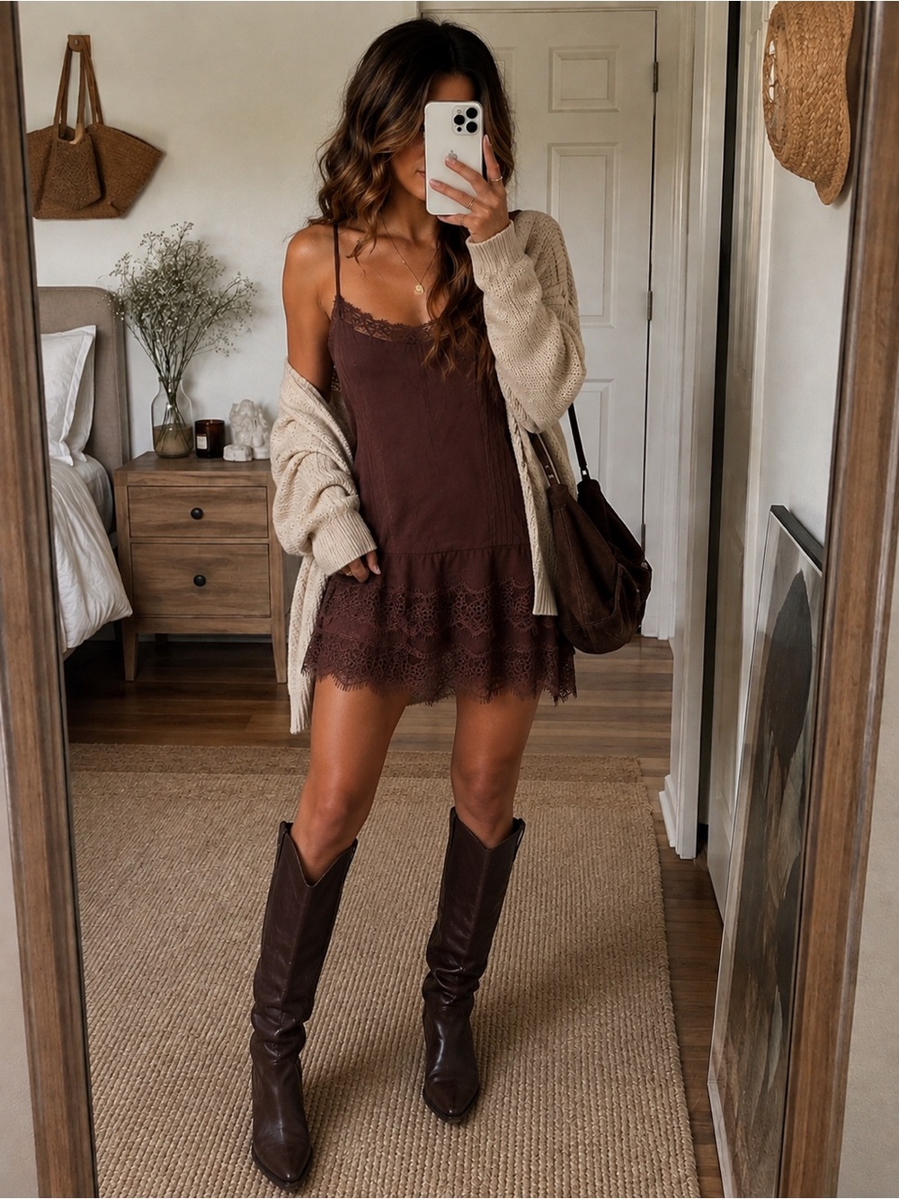 STORIA Brown Lace Trim Mini Dress Size Small Romantic Boho Slip Dress